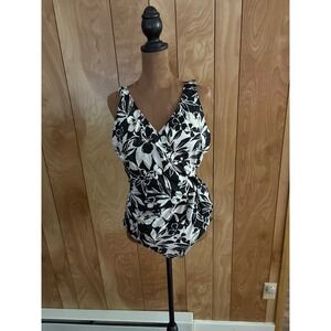 Roxanne Classics Floral One Piece Swimsuit Black White Gold 16/40D V-Neck Tie